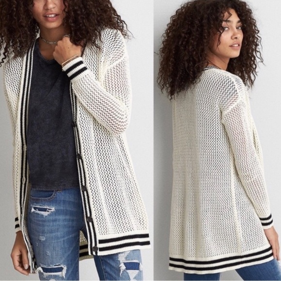 American Eagle Mesh Varsity Knit Cardigan Size XXS Cream Button Down Academia - Picture 1 of 8
